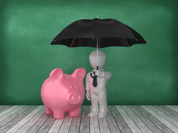 小猪银行和商业人物与伞在黑板背景- 3D渲染图片下载
