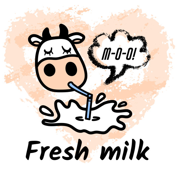线条卡通可爱的白奶牛喝牛奶与烟斗和语音泡泡与“哞”和“鲜奶”文本。手绘涂鸦风格。矢量插图。图片下载
