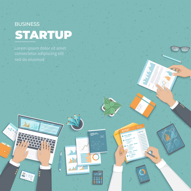 商务团队讨论项目启动、投资、财务规划、协议、数据分析、实现、成功。文件，笔记本电脑，平板电脑，手机。人们手的俯视图。向量图片下载