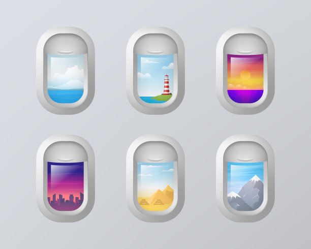 逼真的3d详细飞机舷窗与不同的视图集。向量图片下载