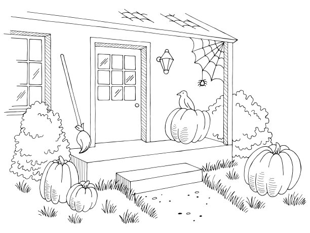 万圣节房屋装饰外部图形黑白素描插图矢量图片下载