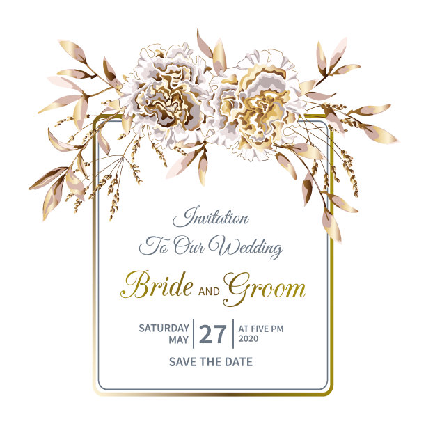 花卉婚礼邀请与花环的金色特里矮牵牛花和树叶在白色背景。图片下载