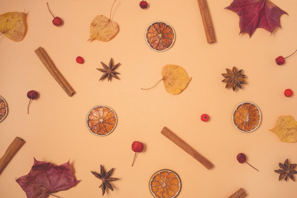 粉彩背景上的树叶、香料和浆果的秋季图案。图片下载