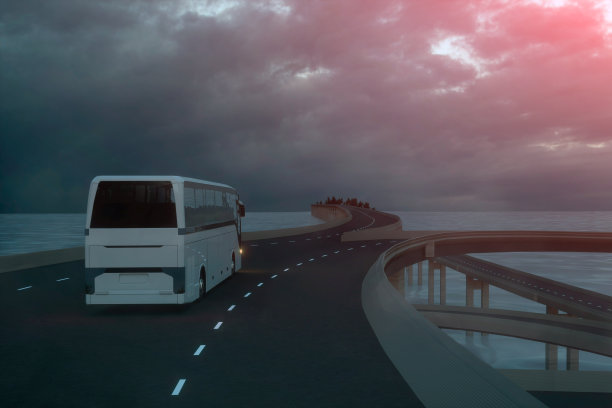 旅游概念. .旅游白色巴士在路上。三维渲染图片下载
