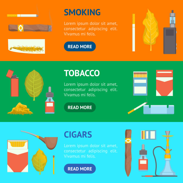 卡通颜色吸烟烟草产品横幅水平设置。向量图片下载