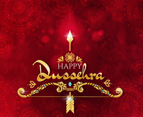 快乐的Dussehra贺卡设计在深纹理的红色背景与金字和装饰庆祝主要的印度教节日在Navratri结束图片下载