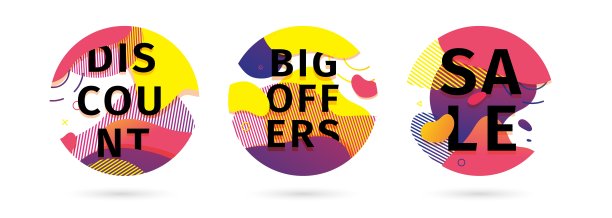 一套抽象的现代图形圆元素。形式和线条周围充满活力的明亮色彩。背景与梯度流动的液体形状。模板的设计销售和提供横幅。向量图片下载