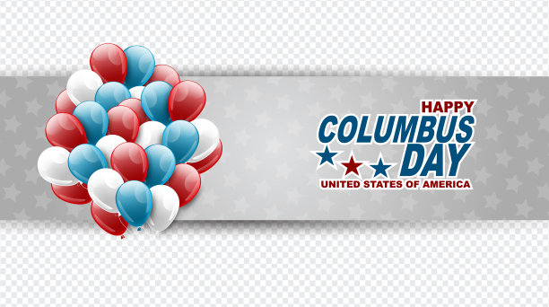 哥伦布日旗帜。透明的背景与一束蓝色，红色，和白色的气球。矢量插图。图片下载