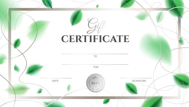礼品券模板设计，用绿色的春叶和华丽的装饰图片下载
