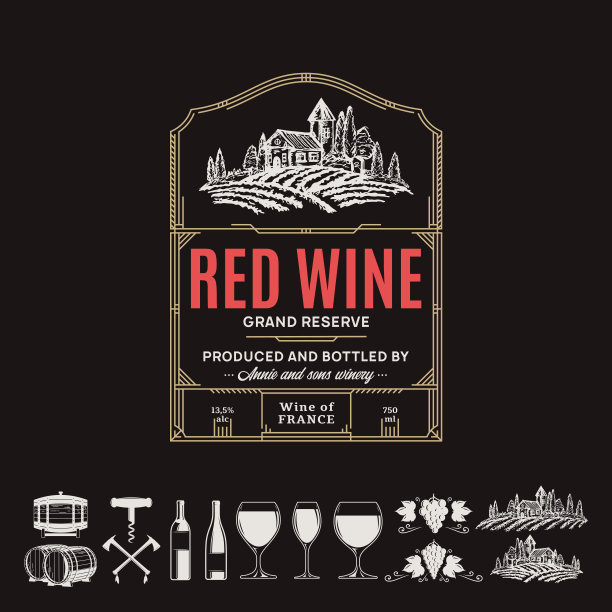 矢量葡萄酒细线风格的红酒标签图片下载