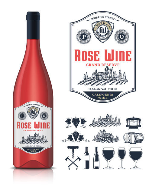 Vector年份玫瑰葡萄酒标签和酒瓶模型图片下载