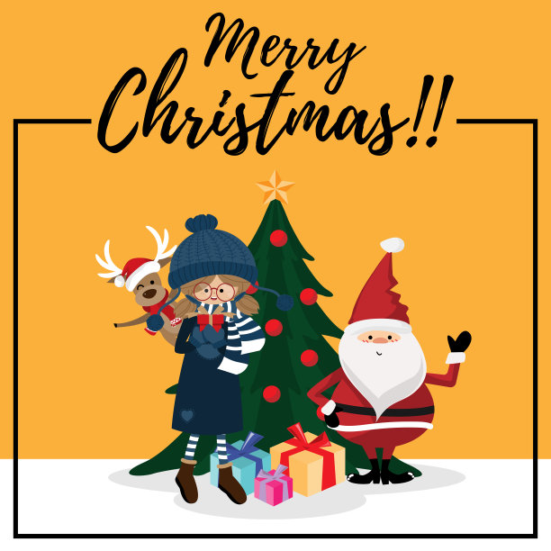 圣诞卡通圣诞老人，驯鹿，礼盒，圣诞树和圣诞快乐文字。可爱的圣诞假期卡通人物背景。为圣诞、新年或冬季假期的问候季节或聚会邀请设计。图片下载