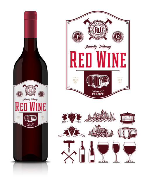 矢量vintage红葡萄酒标签和酒瓶模型图片下载