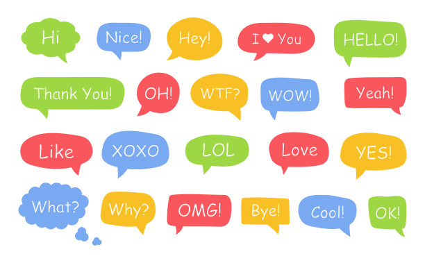 一组气泡。是的，谢谢，你好，哇，再见，好的，天哪，哇，wtf，哦，xoxo，什么，就像，爱，好，很棒，很酷，lol，嗨。矢量插图。图片下载