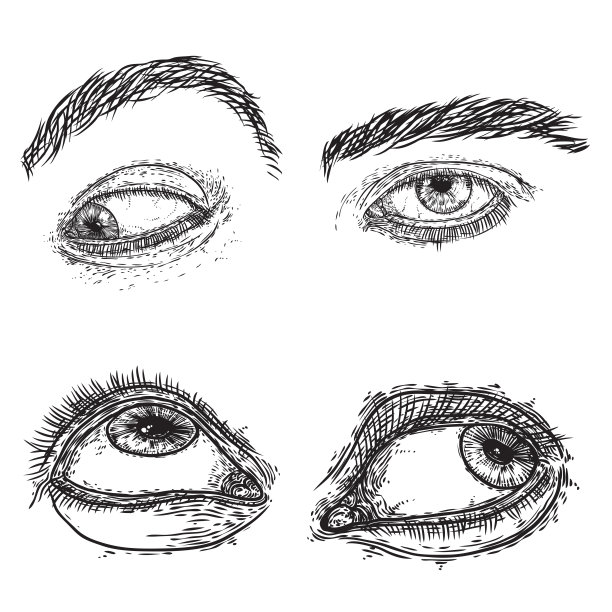 女性和男性的眼睛和眉毛与睫毛图像设置在不同的情绪和方向。时尚的男孩女孩视觉设计。墨水手绘的妆容和工作室沙龙或纹身设计。向量。图片下载
