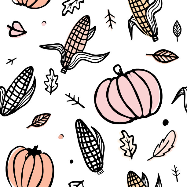 用玉米棒、南瓜和秋叶做成的感恩节无缝图案。涂鸦矢量装饰孤立的白色背景图片下载