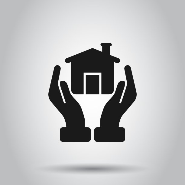 家庭护理图标在平坦的风格。手握房子矢量插图上孤立的背景。打造优质经营理念。图片下载