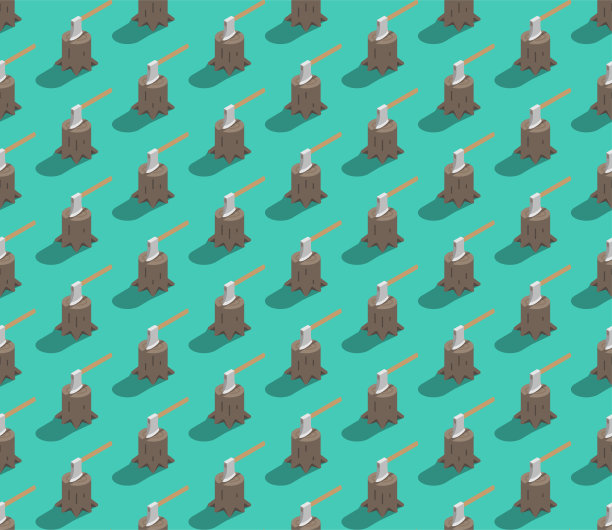 树桩与斧头三维等距无缝模式，森林砍伐概念海报和旗帜设计插图孤立在绿色背景与复制空间，矢量eps 10图片下载