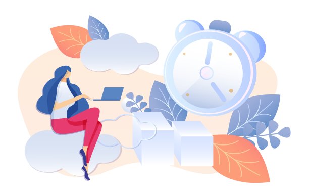 坐在云端上的卡通女性工作笔记本图片下载