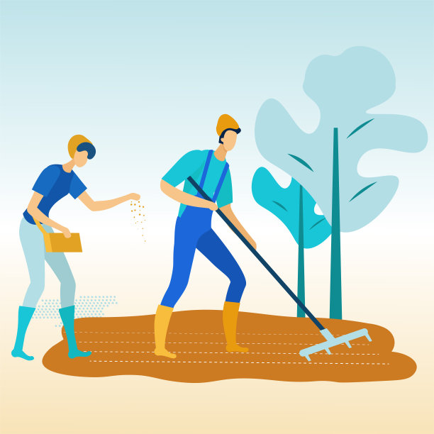 花园里有耙子的男人。女人在大地上播下种子图片下载