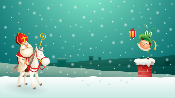 圣诞老人和他的同伴把礼物放在烟囱里——绿松石色的冬夜景色图片下载