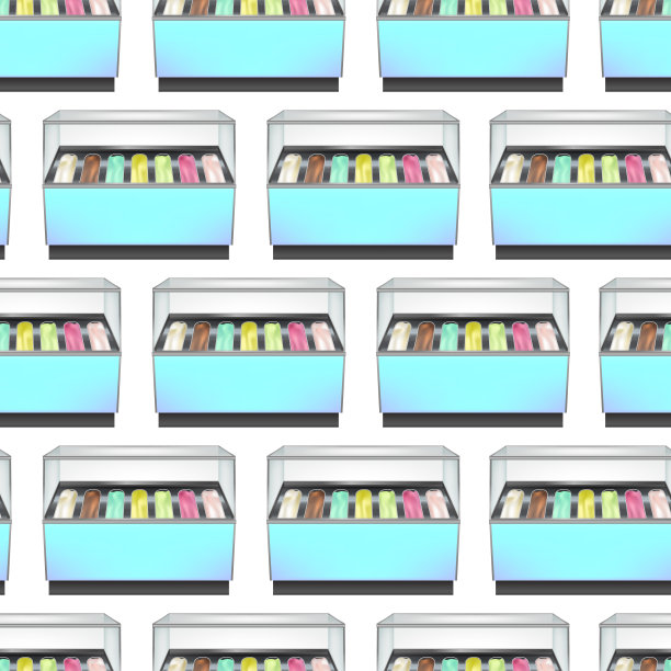 逼真详细的3d冰箱为冰淇淋无缝模式背景。向量图片下载