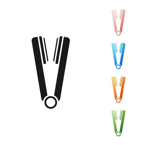 黑色卷发器的头发图标孤立在白色背景。头发矫直机图标。设置图标丰富多彩。矢量图图片下载