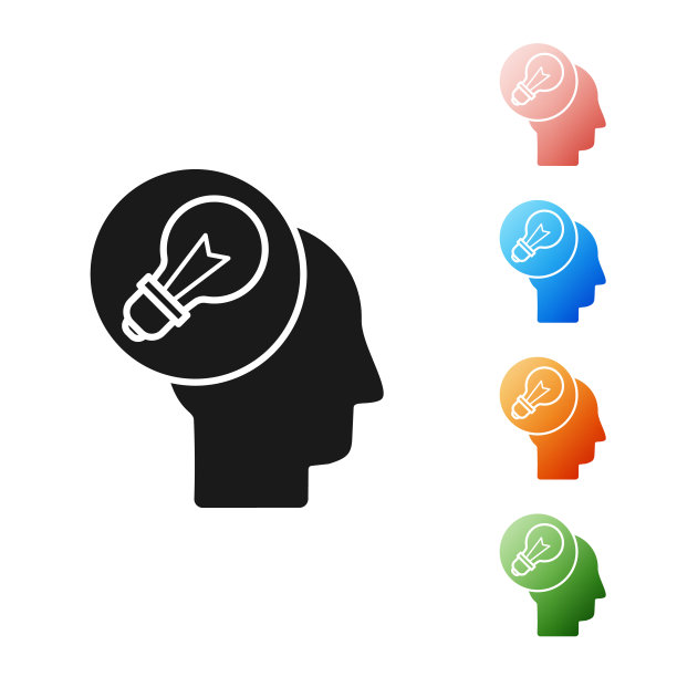 在白色背景上有灯泡图标的黑色人头。设置图标丰富多彩。矢量图图片下载