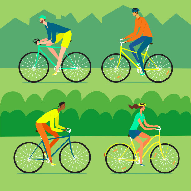在城市和公园里骑自行车的男人和女人。图片下载