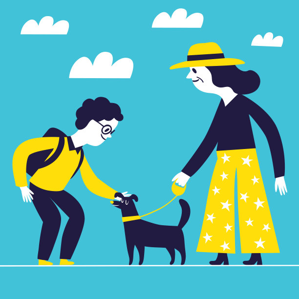 卡通男学生和奶奶在街上遛狗。图片下载