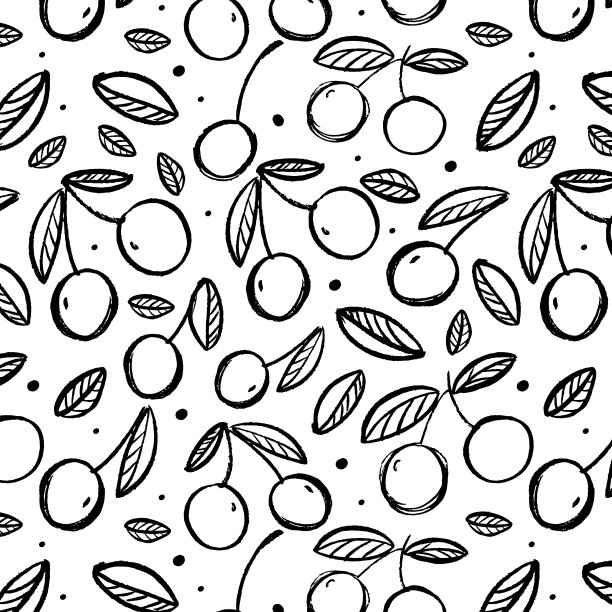 黑白图案，手绘樱桃。完美的设计海报，卡片，纺织品，网页。图片下载