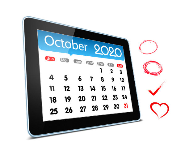 (剪辑路径)2020年10月数字平板电脑孤立日历图片下载