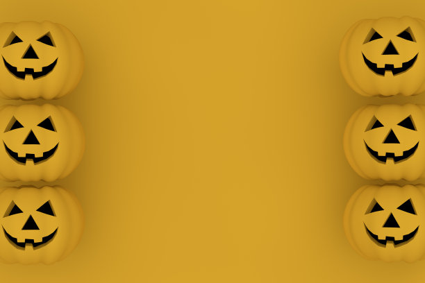 3D南瓜万圣节与幽灵的脸，杰克O'灯笼，黄色的背景图片下载