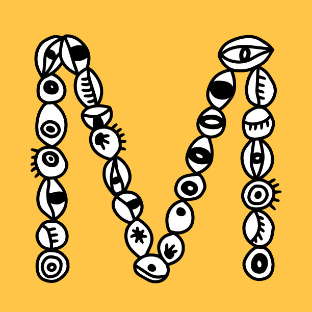 M手绘矢量字母与眼睛符号在不同形式的卡通风格图片下载