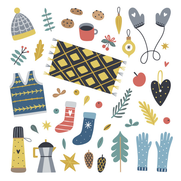 圣诞节可爱的插图在白色的背景。冬季舒适的节日元素和物品图片下载