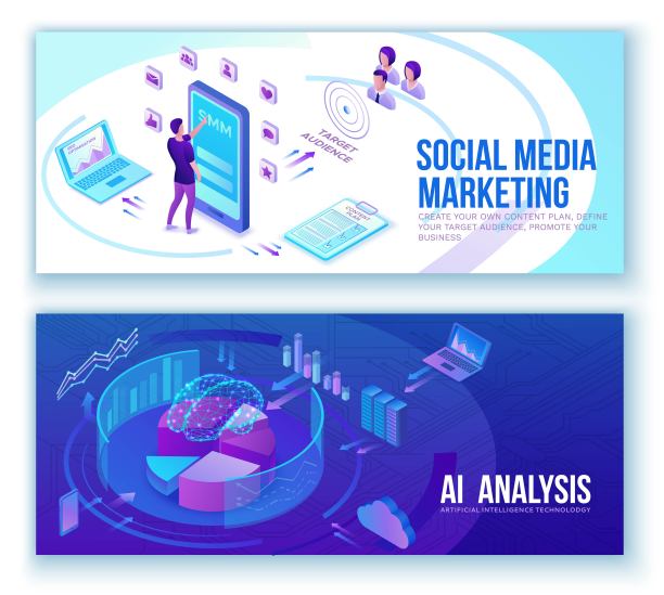 数据分析，商务人士分析图表，kpi分析，数字技术在金融，社交媒体营销横幅集概念，大研究等距图，团队3d背景图片下载