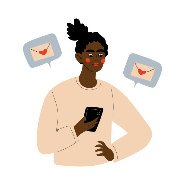 在线约会，美丽的非洲裔美国女孩使用智能手机约会或寻找浪漫的伴侣，年轻的女人发送信息给她的男朋友矢量插画图片下载