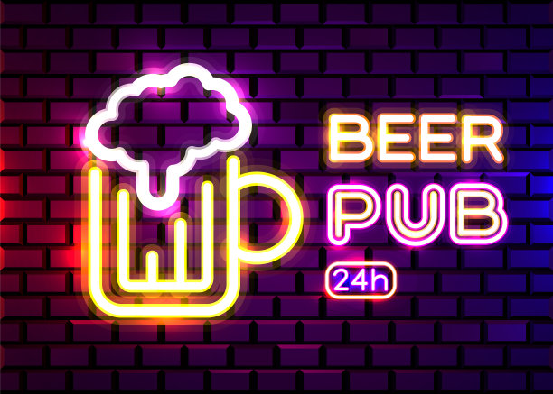 复古霓虹啤酒酒吧标志在砖墙背景。用于酒吧、酒吧或餐厅的霓虹灯设计。精酿啤酒。图片下载