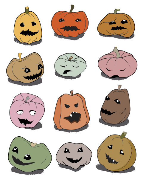 有趣的万圣节南瓜套装。矢量图形说明。图片下载