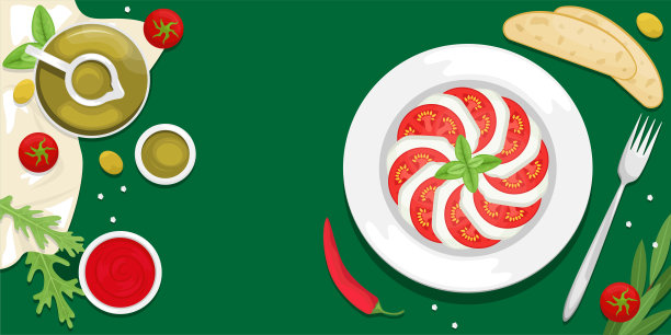 加罗勒叶的Caprese。番茄酱，圣女果，辣椒，橄榄油和橄榄。平的。图片下载