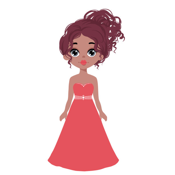可爱的向量女孩在长裙子。黑色发型的小模特。有趣的女孩的性格。图片下载