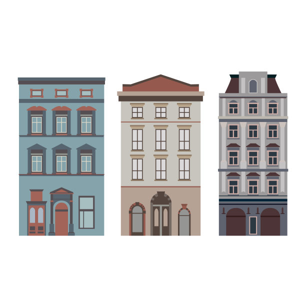 美丽详细的城市景观收集与联排别墅。有维多利亚式建筑立面的小镇街道。模板为网页，图形，游戏和运动设计。矢量图图片下载