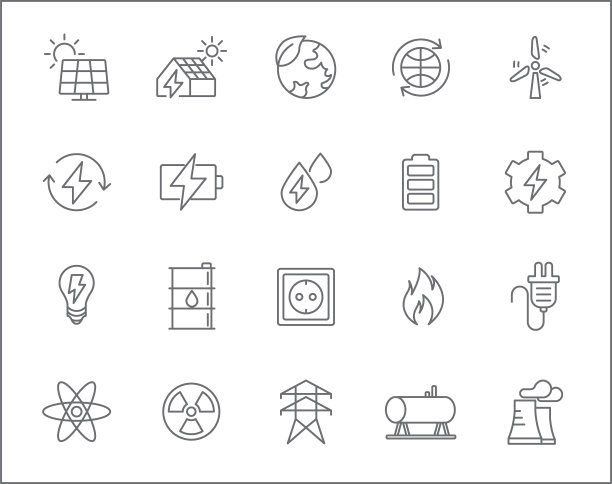 一套能源和可再生的图标线条风格。图片下载