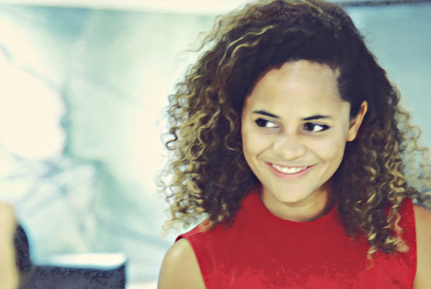 抽象多彩的商业女性微笑肖像水彩插画画背景。图片下载