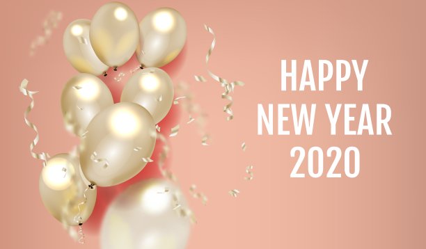 2020年新年快乐。挂满气球和五彩纸屑的白纸号码。向量图片下载