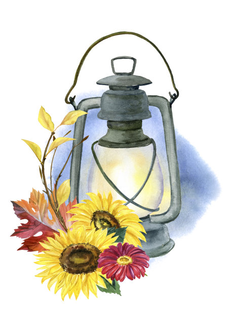 用灯，花，南瓜，水彩画的秋季构图图片下载