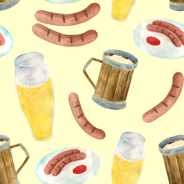 水彩木制啤酒杯，大酒杯，烤香肠盘与番茄酱无缝模式图片下载