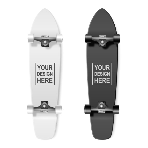 滑板。矢量现实3d渲染空白白色和黑色滑板图标设置特写孤立在白色背景。滑板的设计模板显示为模型的顶部，底部视图图片下载