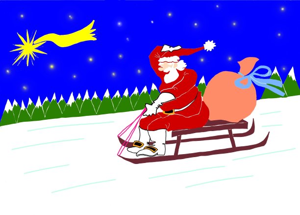 圣诞老人在夜晚的雪橇上疾驰。图片下载