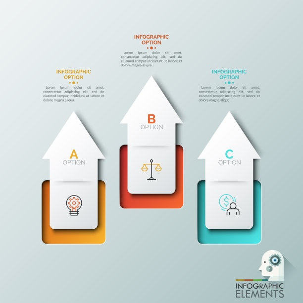 三个向上的白色箭头，细线标志和文本框。业务增长的三大要素概念。创意信息图表设计模板。图片下载